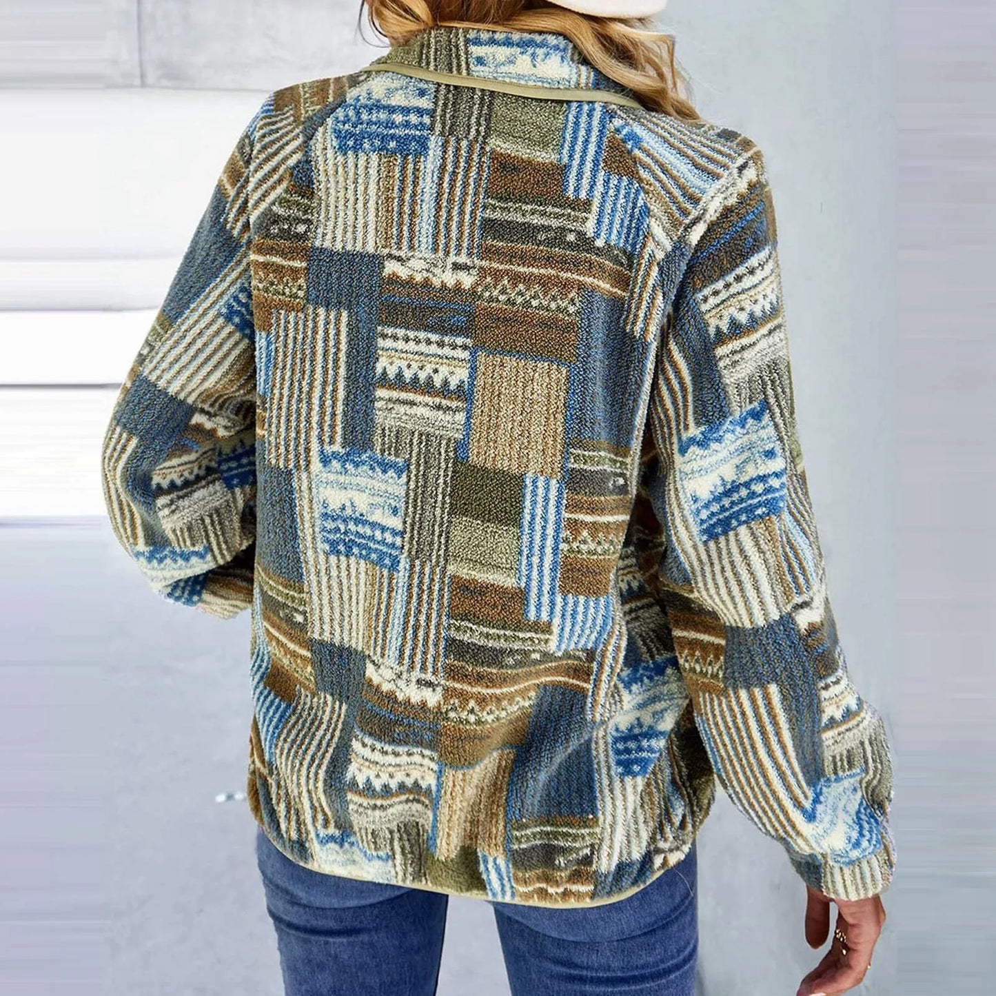 Boho Women Woolen Coat All Match Lapel Vintage Loose Stripe Cardigan Casual Windproof Autumn Winter Jacket For Daily Life