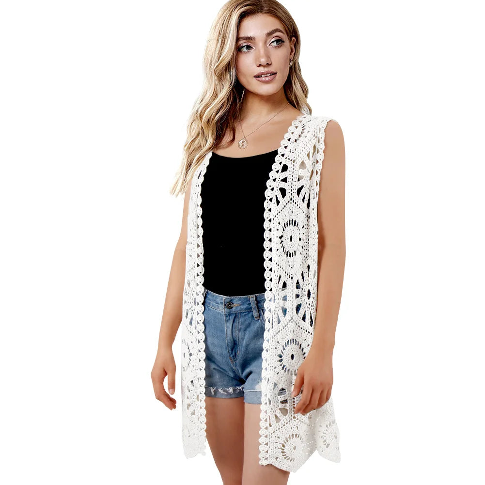 Womens Floral Crochet Lace Boho Trim Sleeveless Open Front Vest Cardigan White Beige