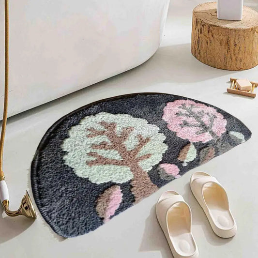 Bathroom Rugs Boho Flower Cartoon Panda Pattern Semicircle Floor Mat Thick Water Absorbent Non-slip Rug for Bathroom Kitchen