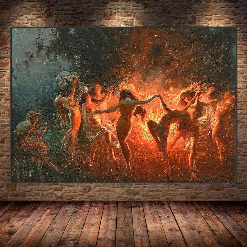 Joseph Tomanek Artwork Poster Print Witches Magic Nymphs Fire Dance Canvas Painting Large Retro Wall Art Living Room Home Decor