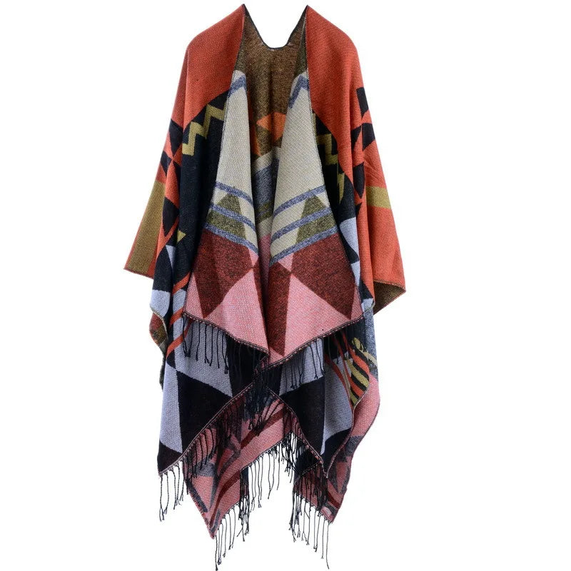 Poncho Bohemian Geometric Tassel Split Shawl Cape Travel Scarf Double-sided Cloak Imitation Cashmere Women Coat Red