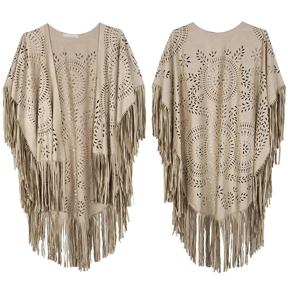 Suede Floral Hollow Out Fringe Tassel Shawl Women Vintage Capes Ponchos Bohemian Cardigan Coat Cloak Boho Capes Bikini Cover