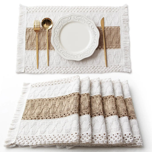 Boho Placemats Set of 6, Macrame Table Decor, Farmhouse Style Placemats, Natural Cotton Burlap, for Dining Table, Kitchen