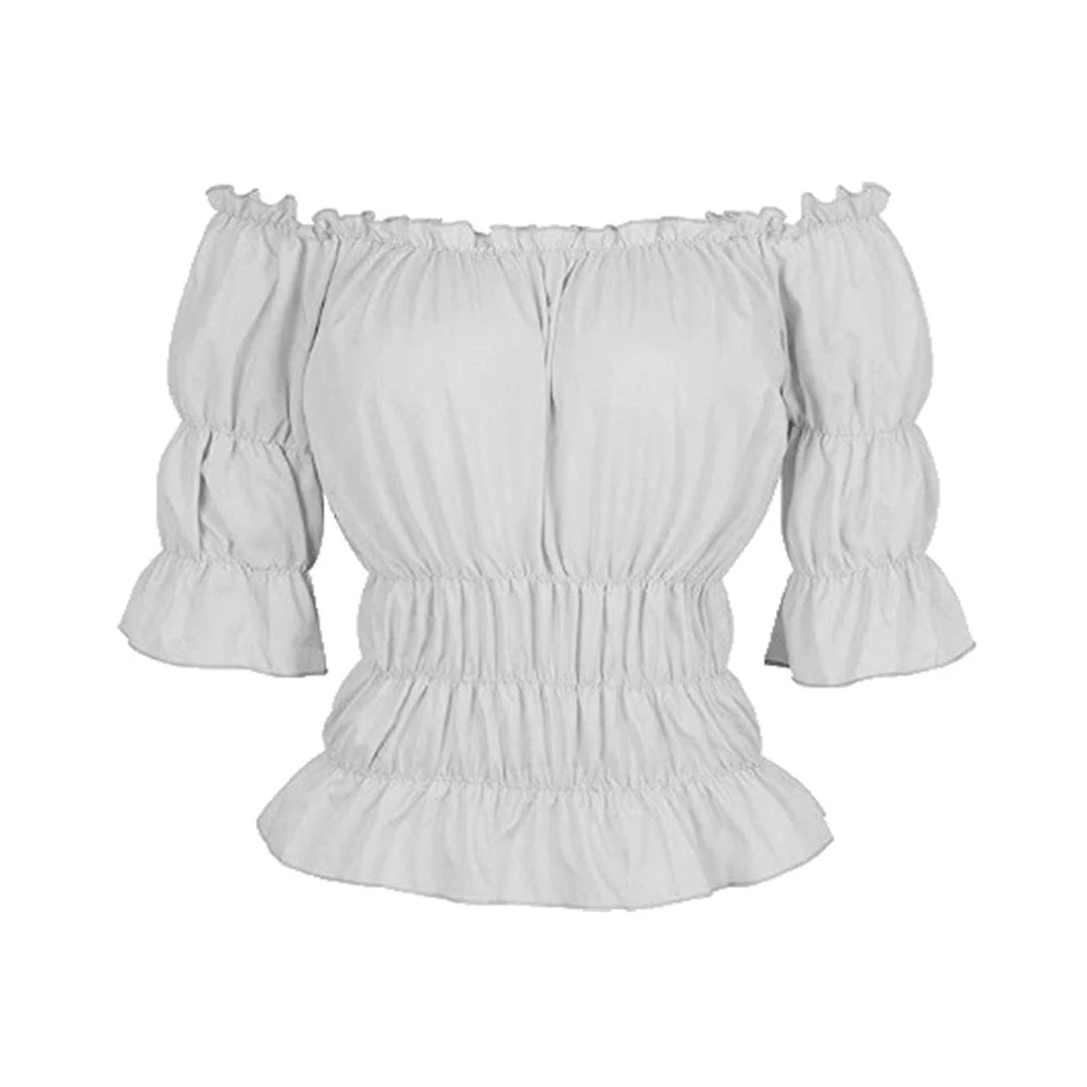 Vintage Steampunk Renaissance Blouse Women Peasant Off Shoulder Short Sleeves Shirt Boho Medieval Pirate Costume