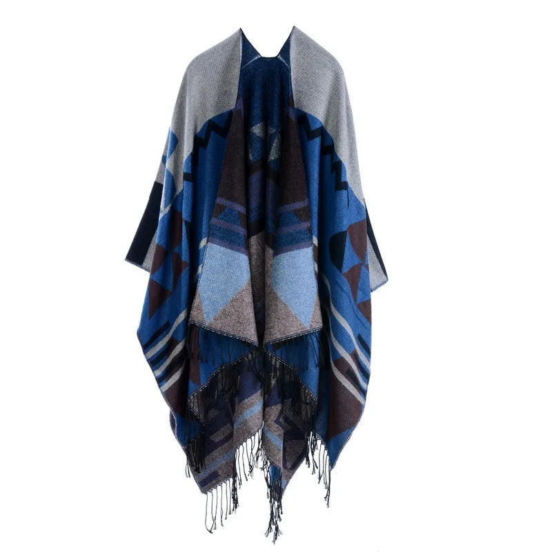 Poncho Bohemian Geometric Tassel Split Shawl Cape Travel Scarf Double-sided Cloak Imitation Cashmere Women Coat Red