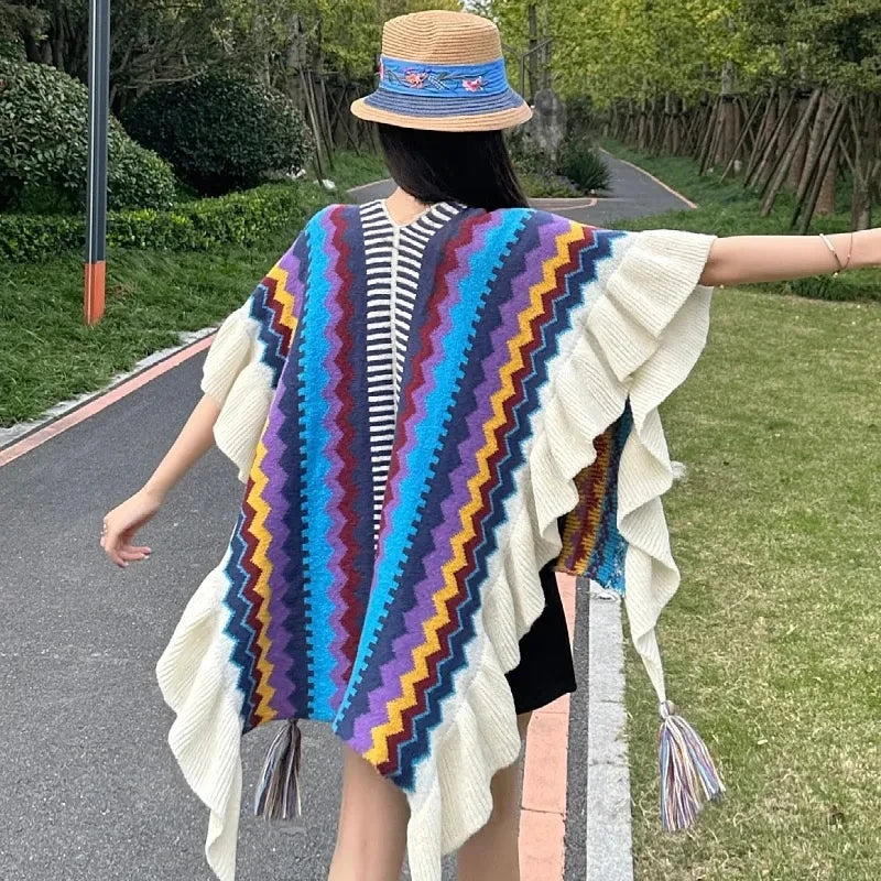 Boho Women Cape Korean Tassel Knitted  Shawl Fashion Stripe Ruffled Cardigan Female Spring Autumn Casual Warm Coat