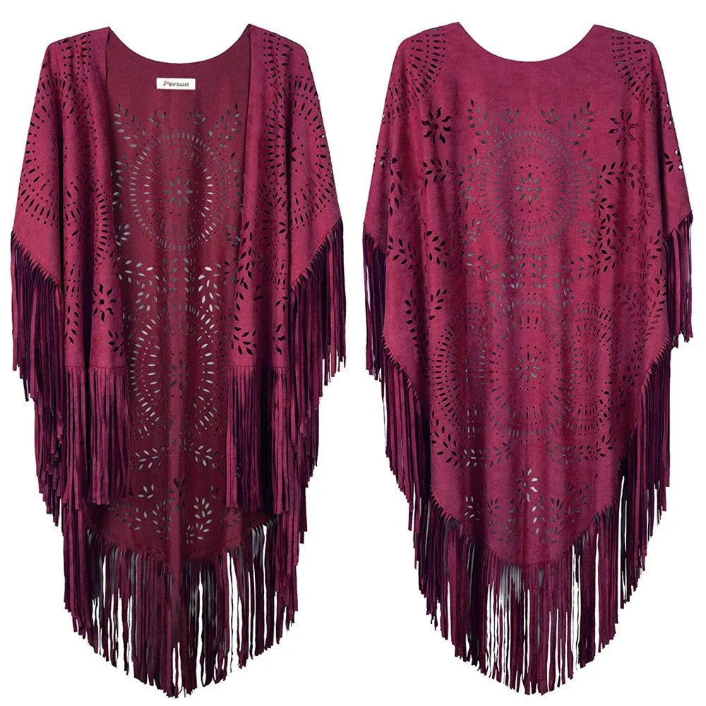 Suede Floral Hollow Out Fringe Tassel Shawl Women Vintage Capes Ponchos Bohemian Cardigan Coat Cloak Boho Capes Bikini Cover