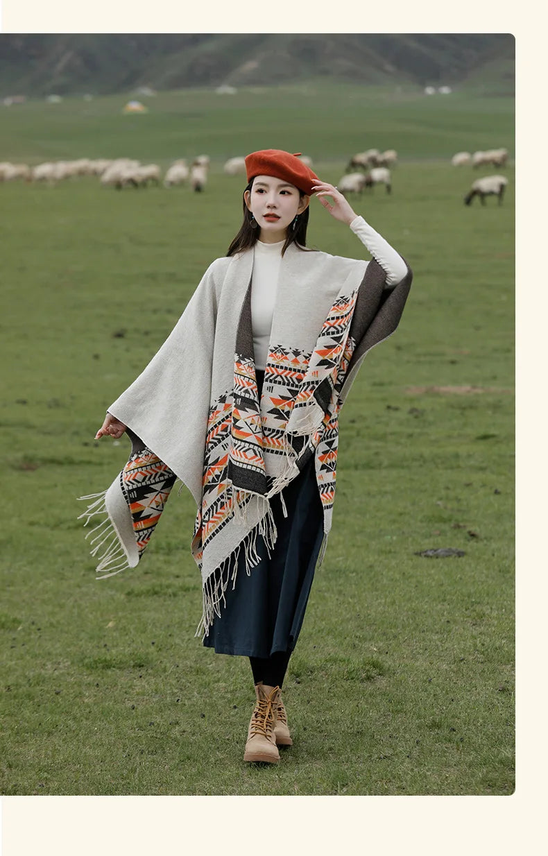 WeHello - Bohemian shawl tie dyed stripe overlay, imitation cashmere cape ethnic style warmth overlay with scarf