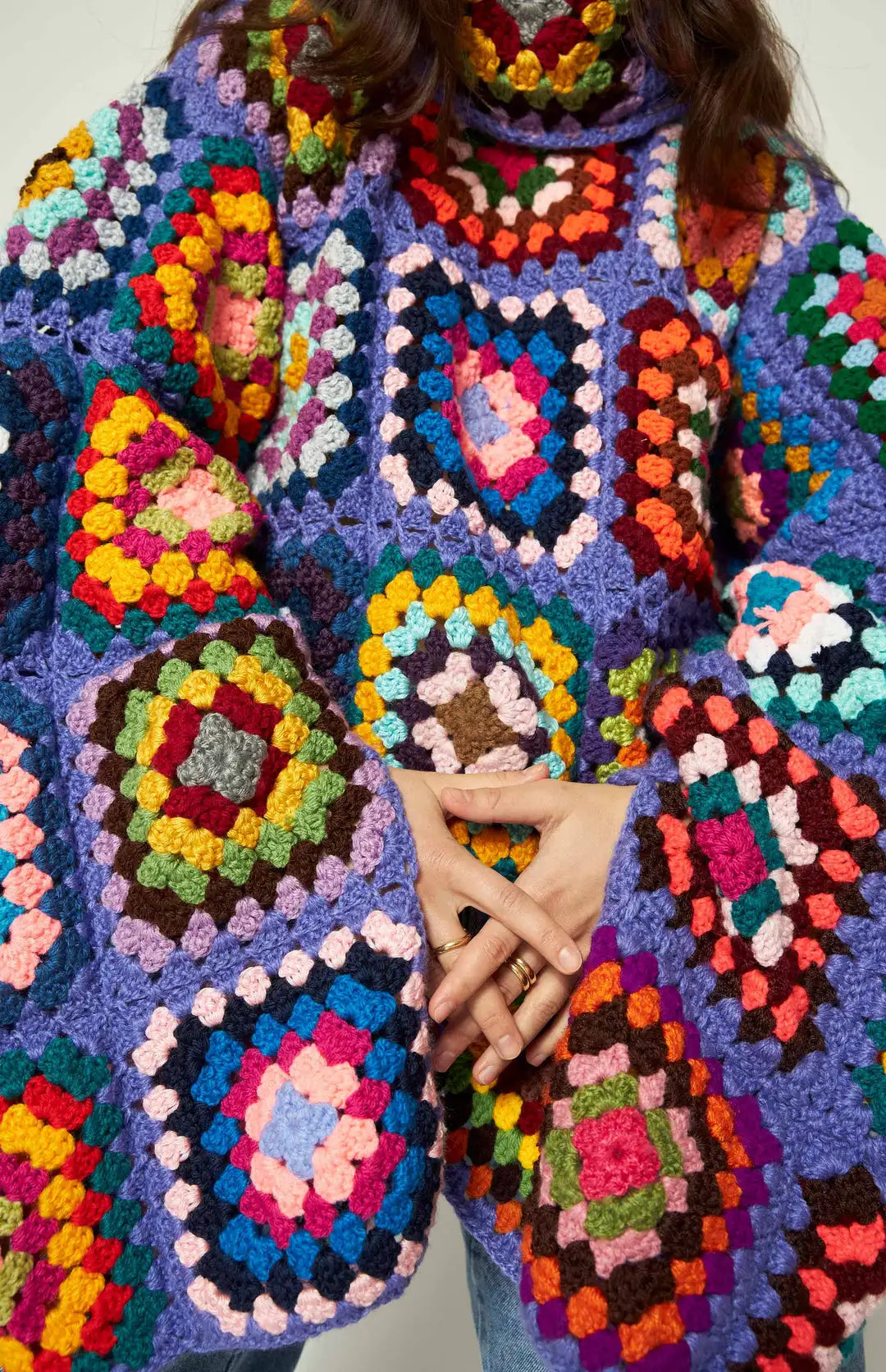 Colorful Crochet Sweaters Granny Square Turtleneck Cute Cardigan Boho Afghan Stitching Coat Color Patchwork Clothing For Lady