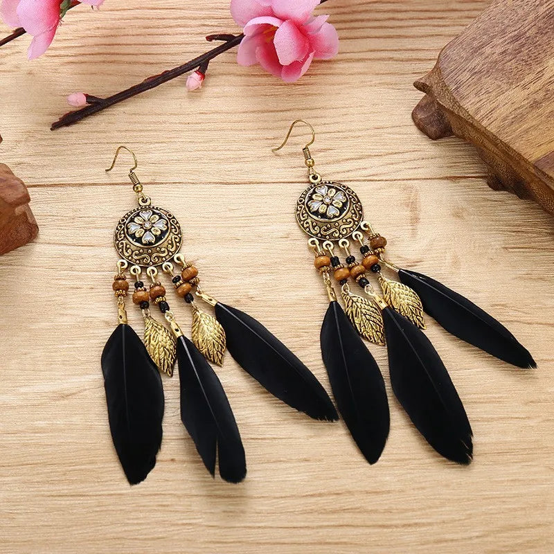 Boho Feather Tassel Earrings 2024 Trendy Elegant Antique Alloy Carved Wood Bead Leaf Dangling Earrings Women Party Jewelry