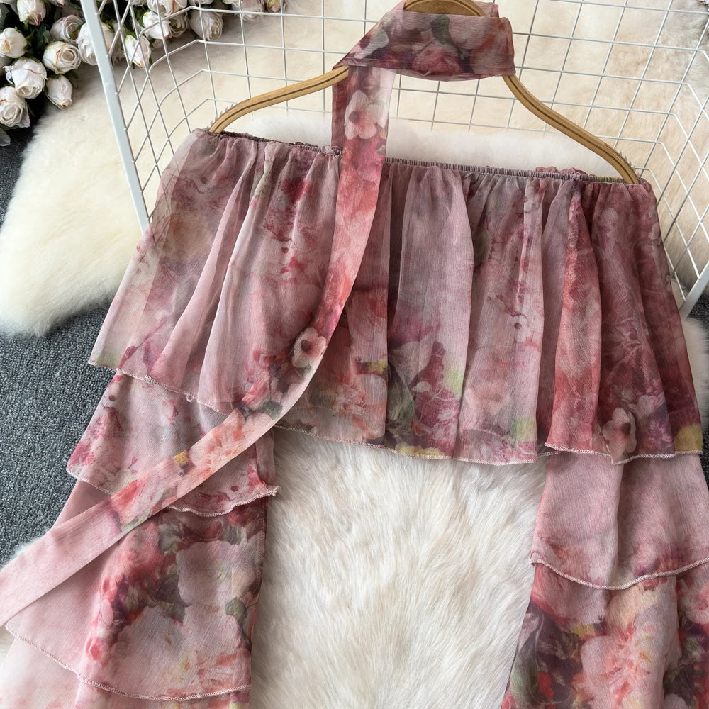 Holiday Ruffles Beach Skirts Suit Women Fashion Off Shoulder Floral Chiffon Tops  High Waist Mini Skirt Womens Two Peice Sets