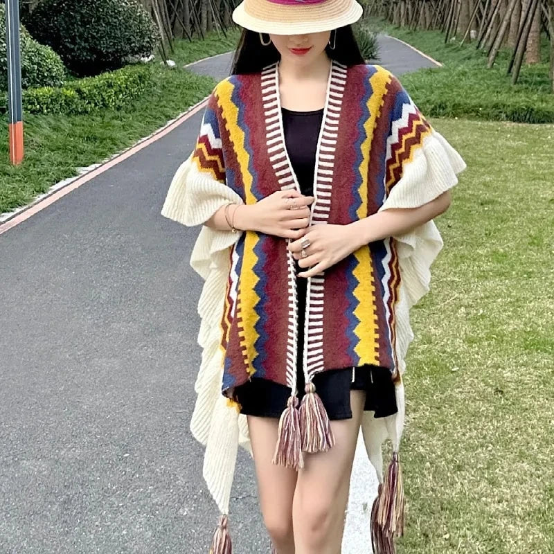 Boho Women Cape Korean Tassel Knitted  Shawl Fashion Stripe Ruffled Cardigan Female Spring Autumn Casual Warm Coat