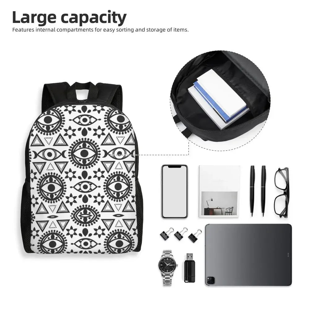 Custom Navy Blue White Mediterranean Evil Eye Mandala Pattern Backpacks Men Casual Bookbag for School College Bohemian Boho Bags