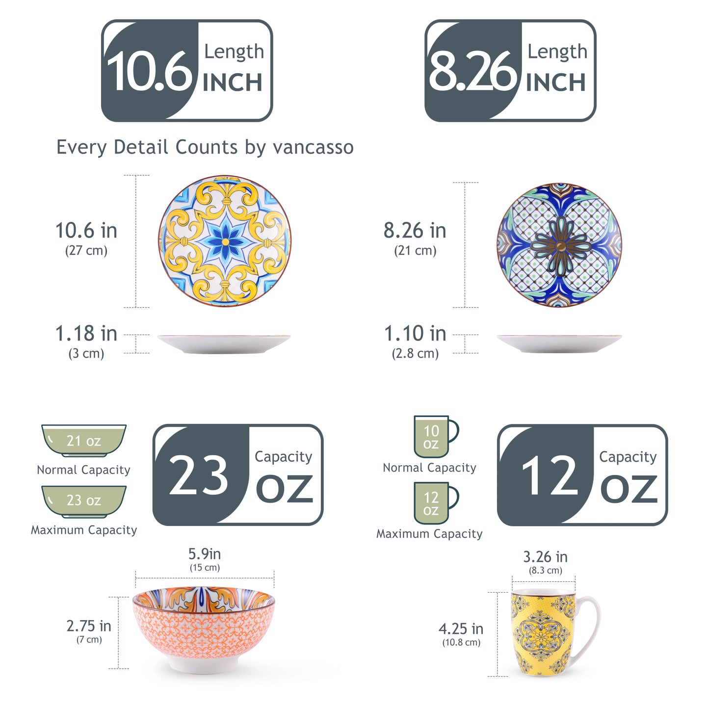 VANCASSO 16/32/48-Piece Jasmin Pattern Porcelain Tableware Dinnerware Dinner Set with Dinner Plate,Dessert Plate,Bowl,Mug Set