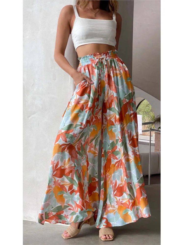 Women's Boho Pant Casual High Waist Loose Sweatpants Trousers Capris Wide Leg Pants Skirt Fashion Women Clothes Pantalones Mujer