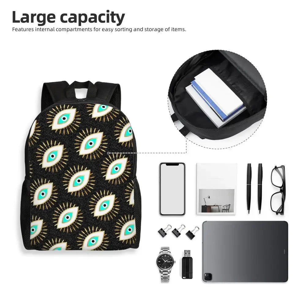 Custom Navy Blue White Mediterranean Evil Eye Mandala Pattern Backpacks Men Casual Bookbag for School College Bohemian Boho Bags
