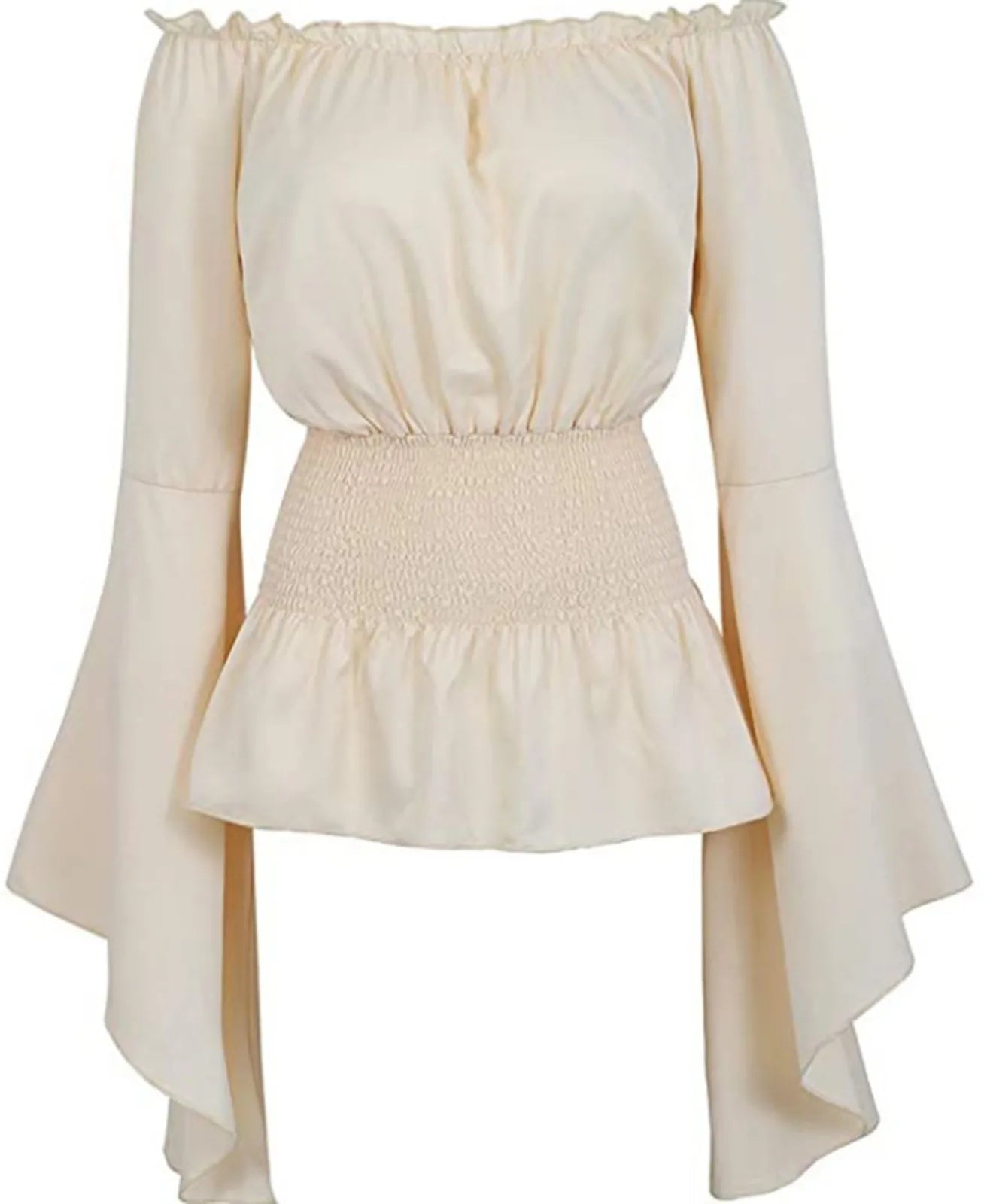 Women's Bohemian Shirt Top Gothic Ruffle Edge Shirt One Line Collar Blouse Long Sleeved Ladies Solid Blouse Boho Top