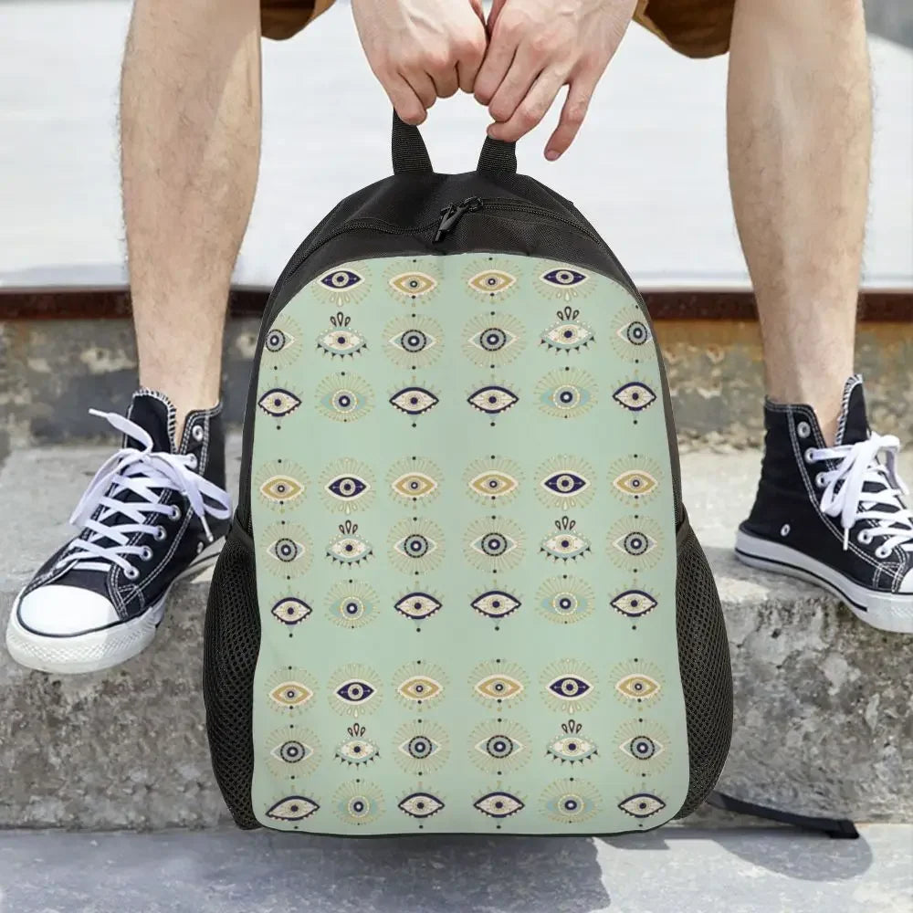 Custom Navy Blue White Mediterranean Evil Eye Mandala Pattern Backpacks Men Casual Bookbag for School College Bohemian Boho Bags