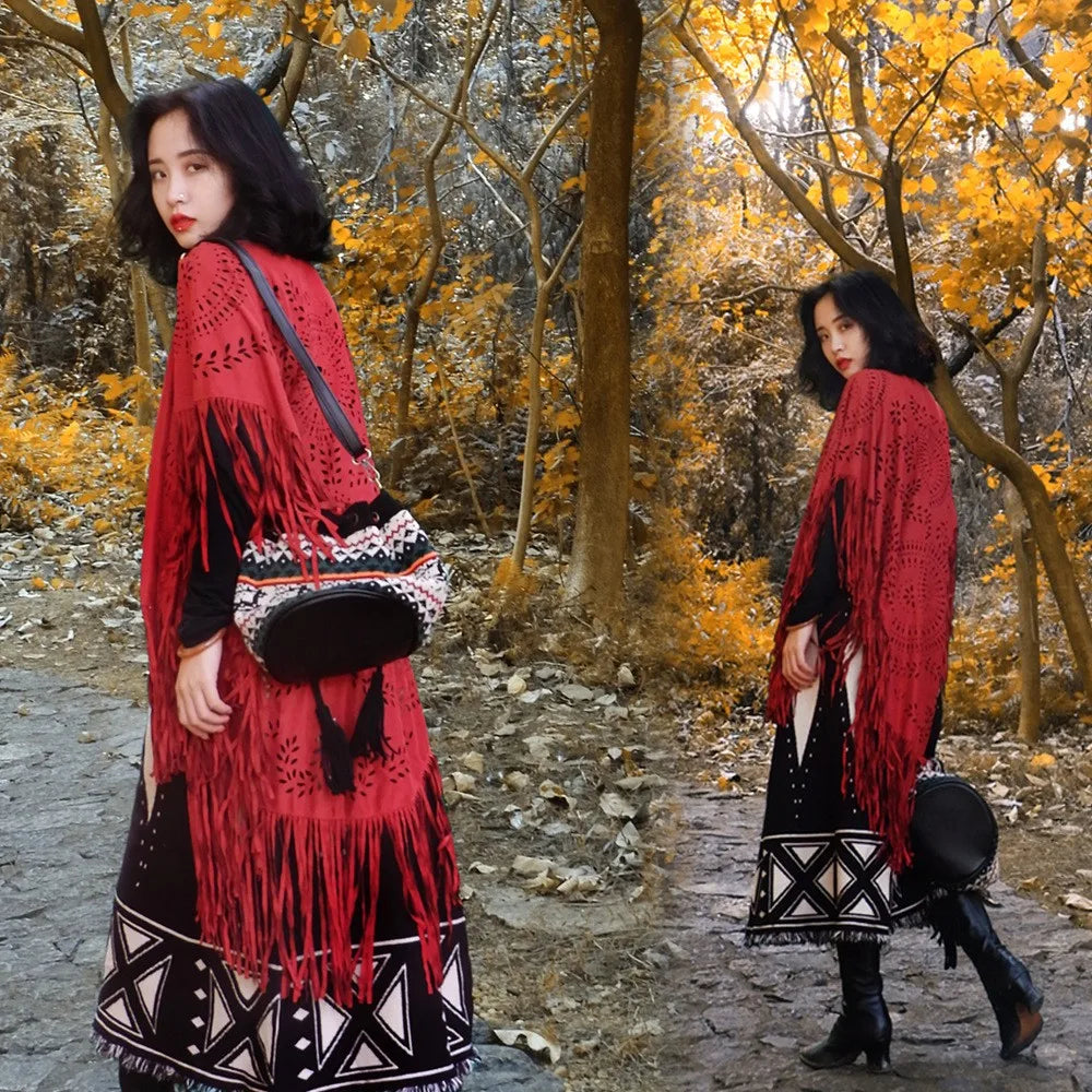 Suede Floral Hollow Out Fringe Tassel Shawl Women Vintage Capes Ponchos Bohemian Cardigan Coat Cloak Boho Capes Bikini Cover