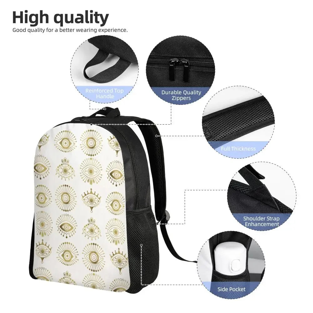 Custom Navy Blue White Mediterranean Evil Eye Mandala Pattern Backpacks Men Casual Bookbag for School College Bohemian Boho Bags