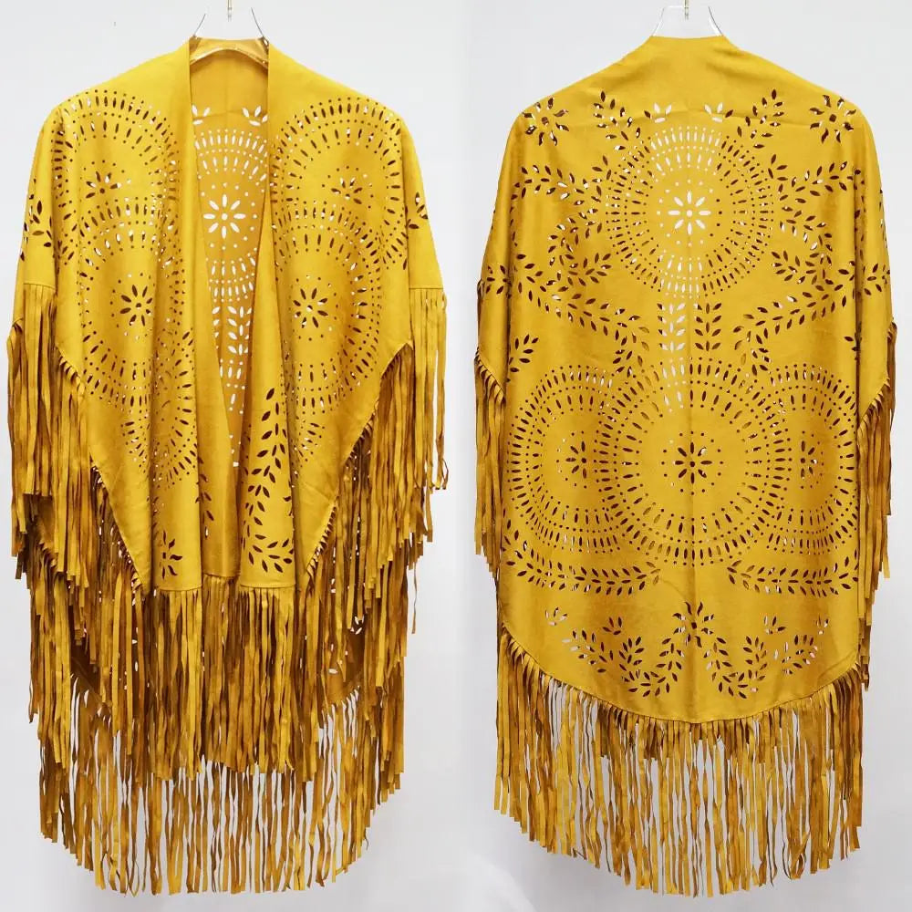 Suede Floral Hollow Out Fringe Tassel Shawl Women Vintage Capes Ponchos Bohemian Cardigan Coat Cloak Boho Capes Bikini Cover