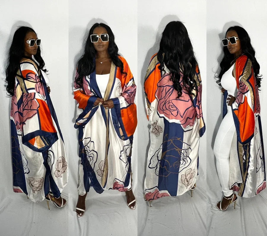 African Summer Fashion Lady Boho Silk Printed Loose Long Cardigans Causal Europe Women Beach Swimwear Duster Coats Muslim Robe