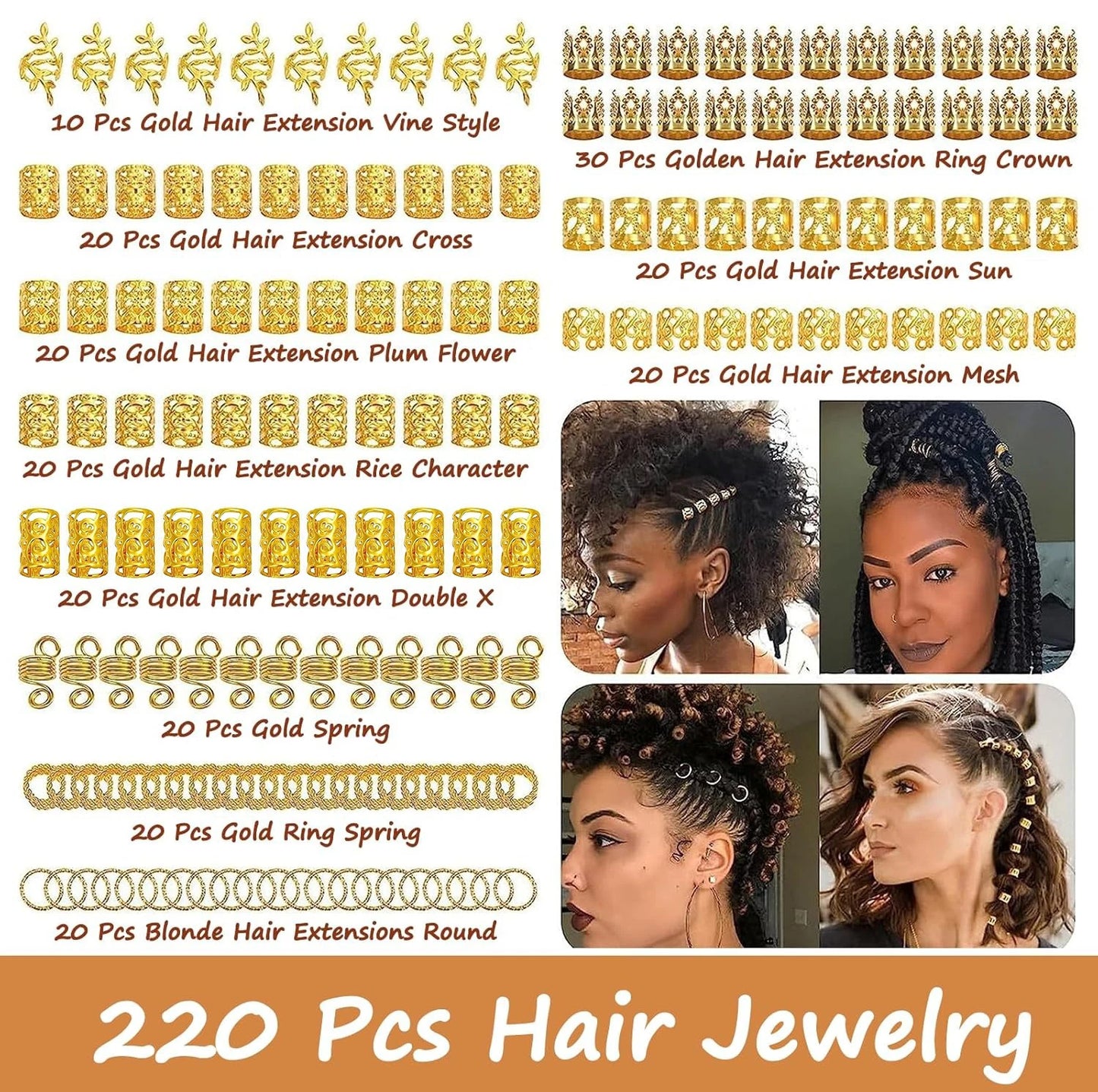 220pcs DIY Gold Hair Accessories, Loc Jewelry For Braids Metal Decoration Boho Cuff For Dreadlocks