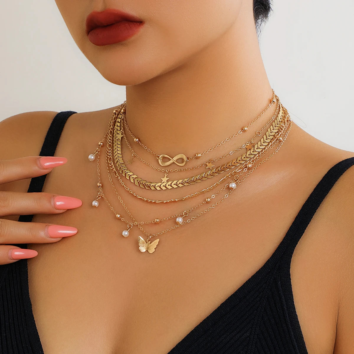 6Pcs/Set Boho Infinite Symbol Leaf Butterfly Pendant Necklace for Women Vintage Ethnic Imitation Pearl Thin Chain Party Jewelry