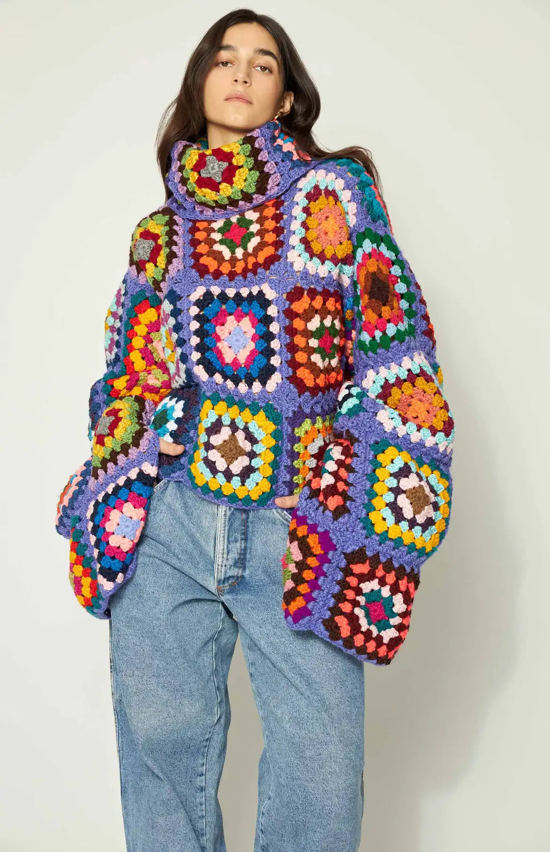 Colorful Crochet Sweaters Granny Square Turtleneck Cute Cardigan Boho Afghan Stitching Coat Color Patchwork Clothing For Lady