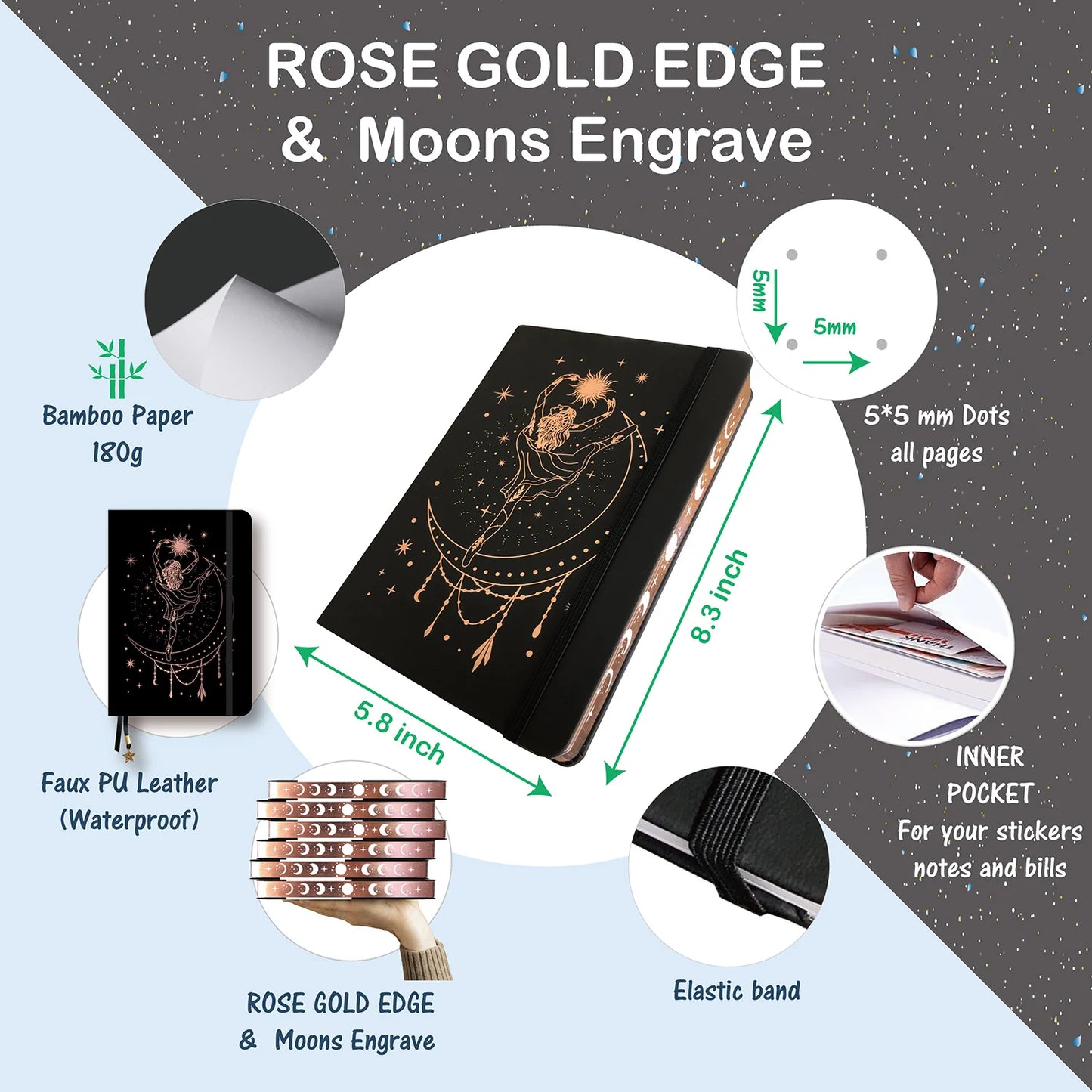 My Girl Dance 180GSM Bamboo Paper Bullet Dotted Journal Dot Grid Notebook ROSE GOLD Edges And Engrave MOONS BUJO Lovers