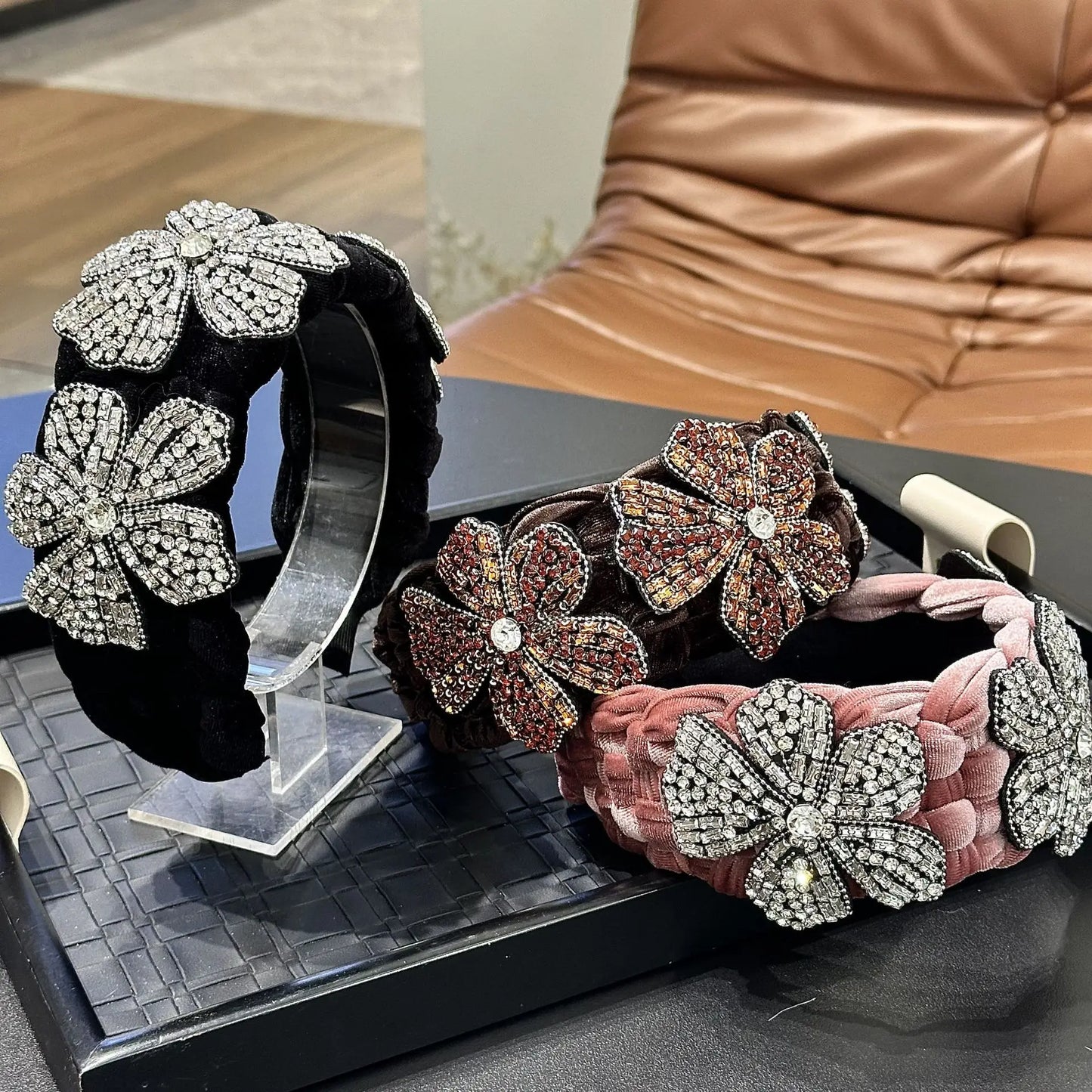 3 Crystal Flowers Headbands for Women Twist Headband Velvet Weaving Shape Wide Hairband Boho Plaited Hairhoop for Lady Girls