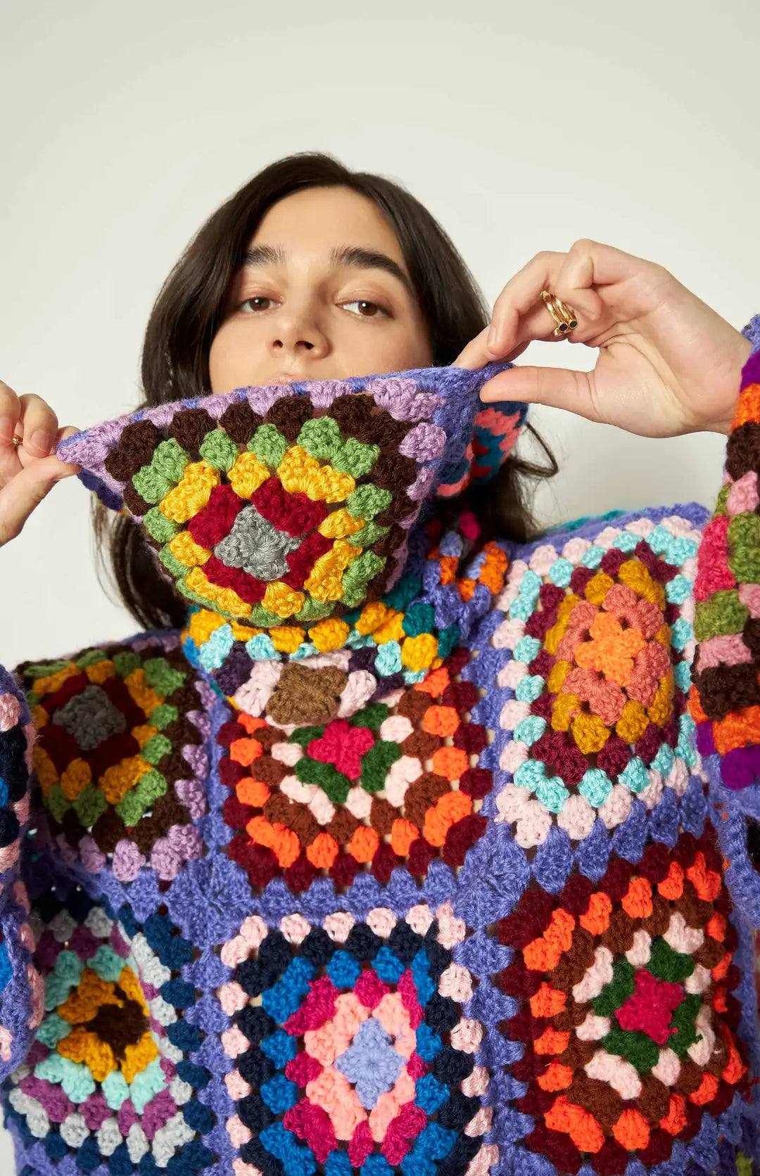 Colorful Crochet Sweaters Granny Square Turtleneck Cute Cardigan Boho Afghan Stitching Coat Color Patchwork Clothing For Lady