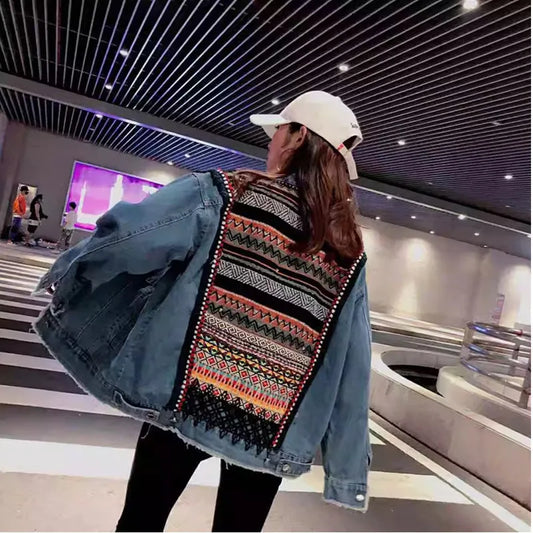 2024 Spring Women's Jacket Boho Denim Female Floral Appliques Embroidery Vintage Coat Long Sleeve Outerwear Jackets Coatee