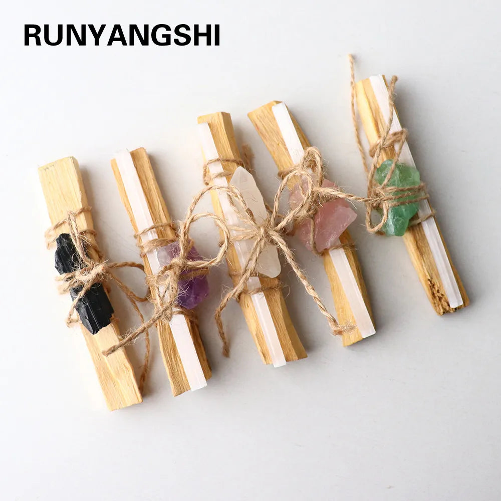 Natural Gem Peru sacred wood crystal Raw Stone With Selenite Hemp Rope Binding Crystal Set Collection Custom Gifts