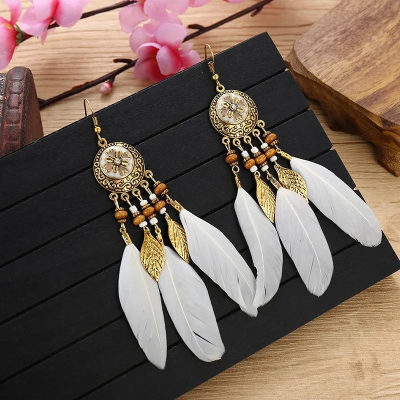 Boho Feather Tassel Earrings 2024 Trendy Elegant Antique Alloy Carved Wood Bead Leaf Dangling Earrings Women Party Jewelry