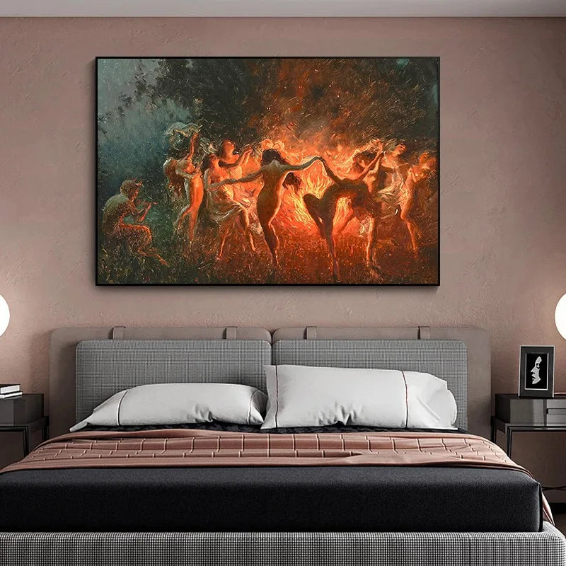 Joseph Tomanek Artwork Poster Print Witches Magic Nymphs Fire Dance Canvas Painting Large Retro Wall Art Living Room Home Decor
