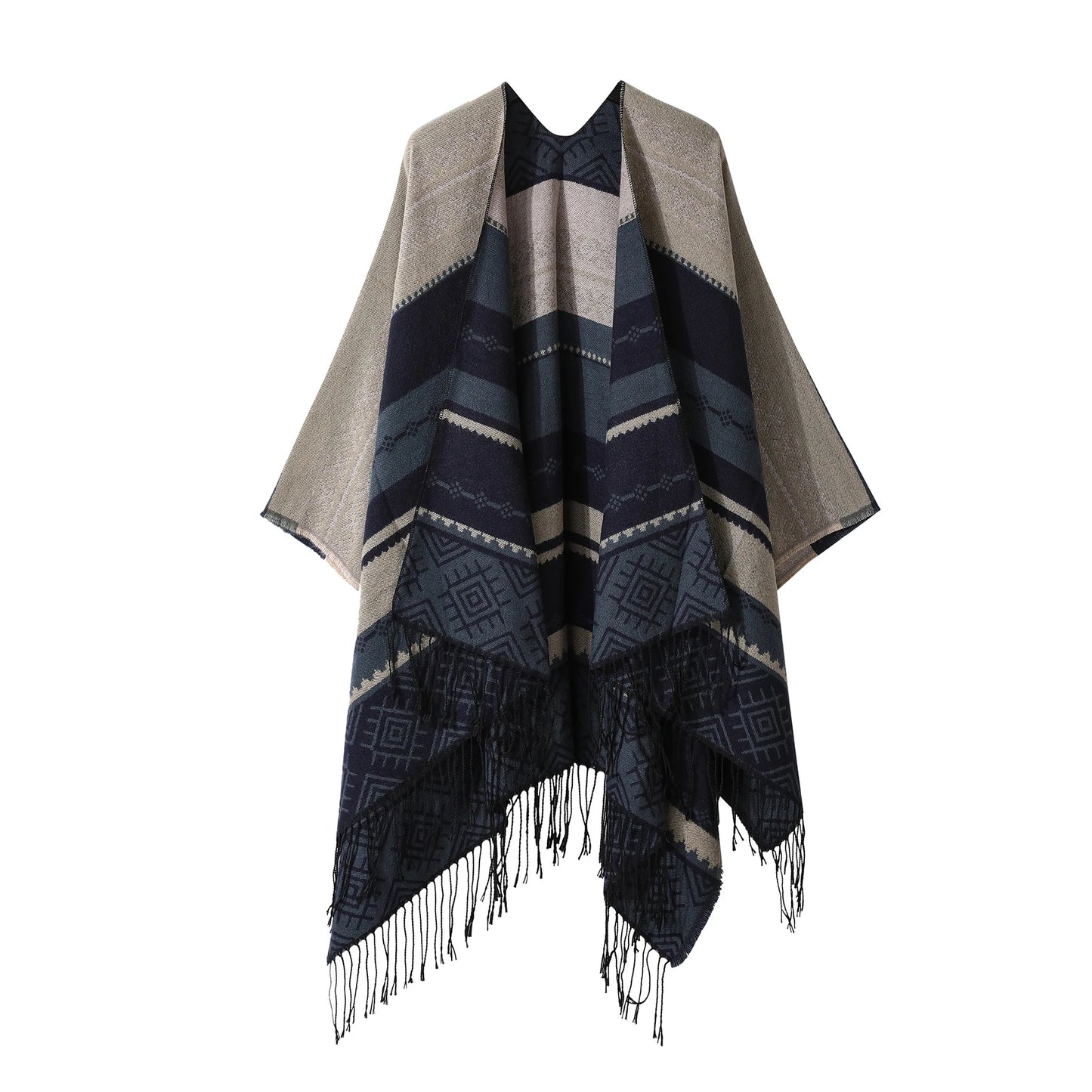 Poncho Bohemian Geometric Tassel Split Shawl Cape Travel Scarf Double-sided Cloak Imitation Cashmere Women Coat Red