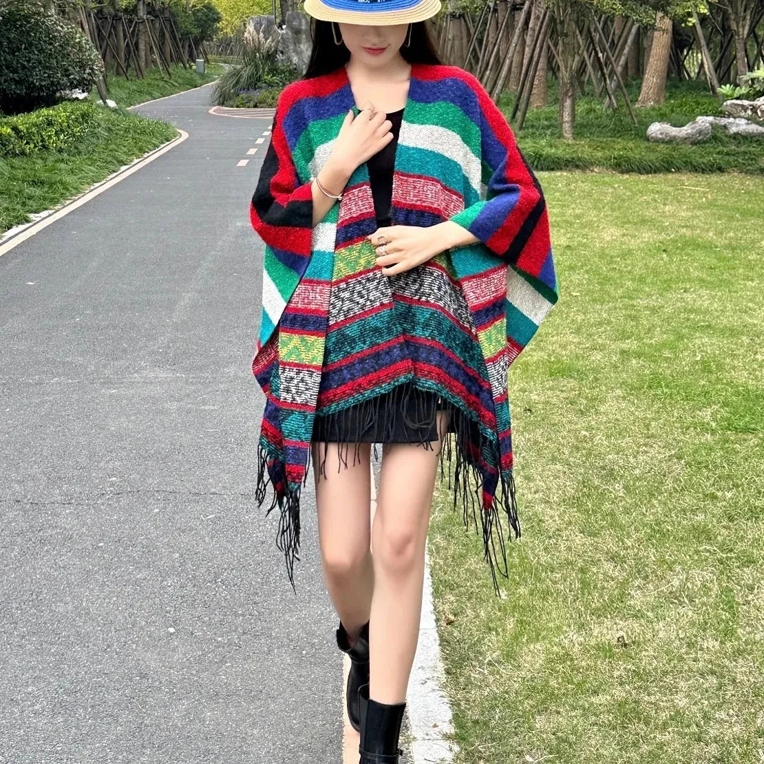 Boho Women Cape Korean Tassel Knitted  Shawl Fashion Stripe Ruffled Cardigan Female Spring Autumn Casual Warm Coat