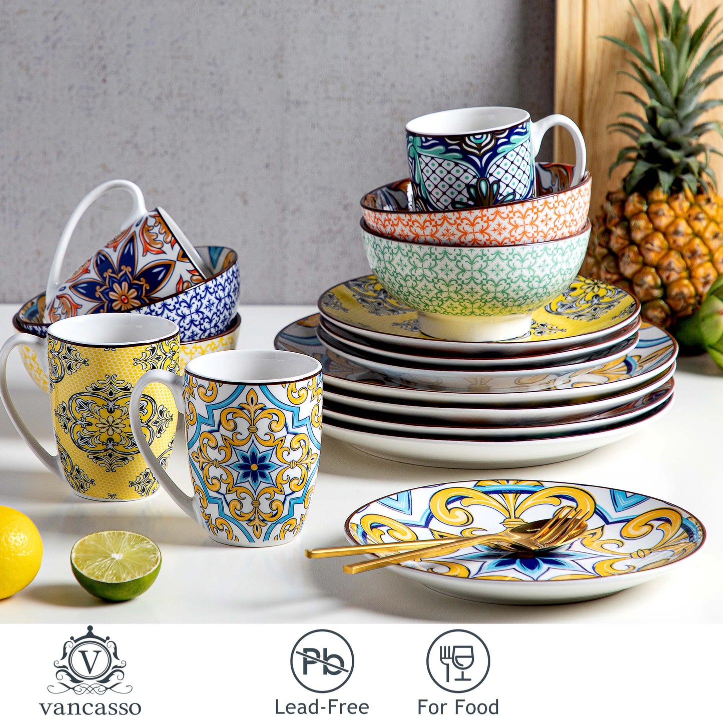 VANCASSO 16/32/48-Piece Jasmin Pattern Porcelain Tableware Dinnerware Dinner Set with Dinner Plate,Dessert Plate,Bowl,Mug Set