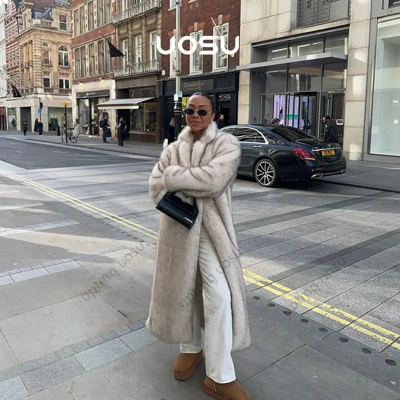 Premium Vintage Look Long Faux Fur Coat Women Gradient Maxi Overcoats 2024 Winter Cozy Iconic Fuzzy Outfits Parka Outwear