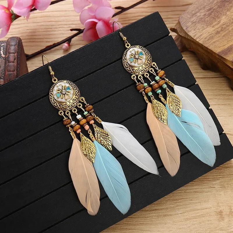 Boho Feather Tassel Earrings 2024 Trendy Elegant Antique Alloy Carved Wood Bead Leaf Dangling Earrings Women Party Jewelry