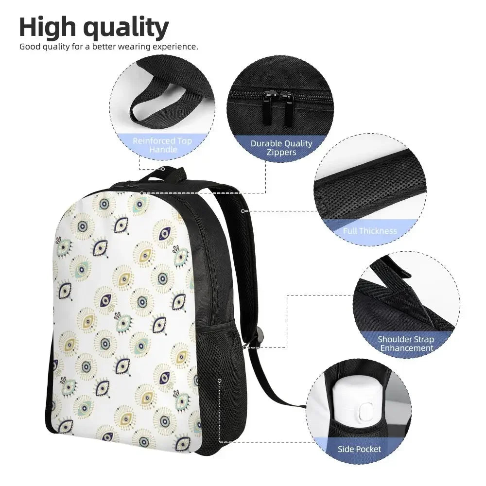 Custom Navy Blue White Mediterranean Evil Eye Mandala Pattern Backpacks Men Casual Bookbag for School College Bohemian Boho Bags
