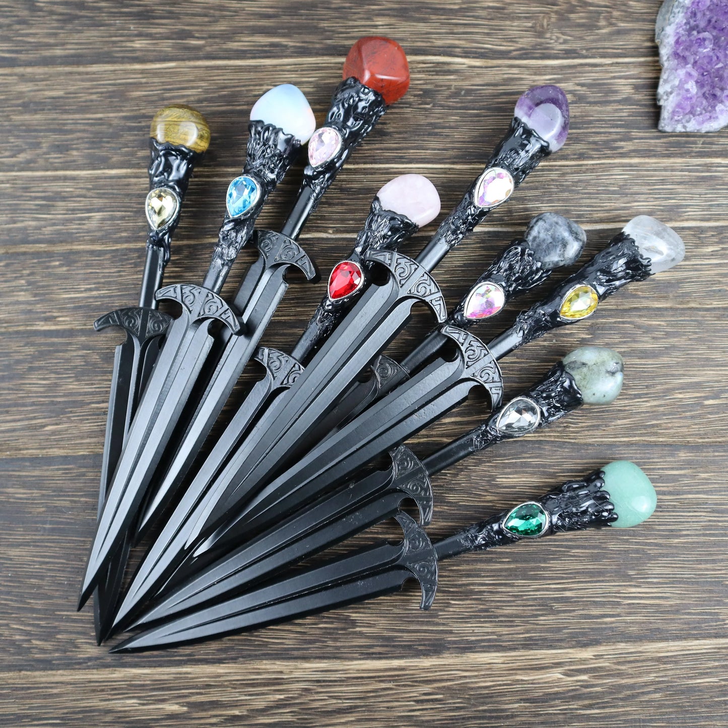 Crystal Metal Sword 88-96g Witch Altar hair Accessories Wizard stick Energy Pagan Cosplay Elf Gothic Dark Magic Wand Witch Gift