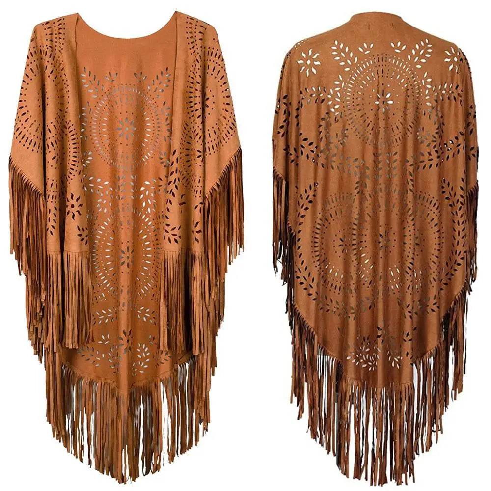 Suede Floral Hollow Out Fringe Tassel Shawl Women Vintage Capes Ponchos Bohemian Cardigan Coat Cloak Boho Capes Bikini Cover