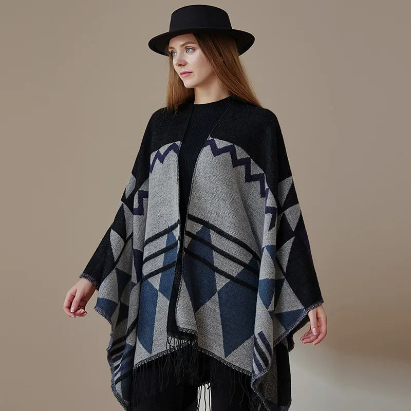 Poncho Bohemian Geometric Tassel Split Shawl Cape Travel Scarf Double-sided Cloak Imitation Cashmere Women Coat Red