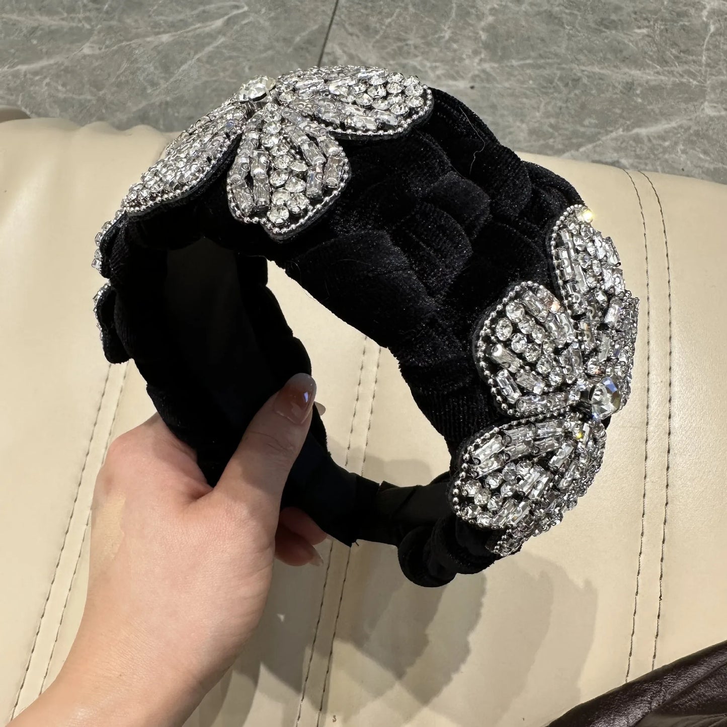 3 Crystal Flowers Headbands for Women Twist Headband Velvet Weaving Shape Wide Hairband Boho Plaited Hairhoop for Lady Girls