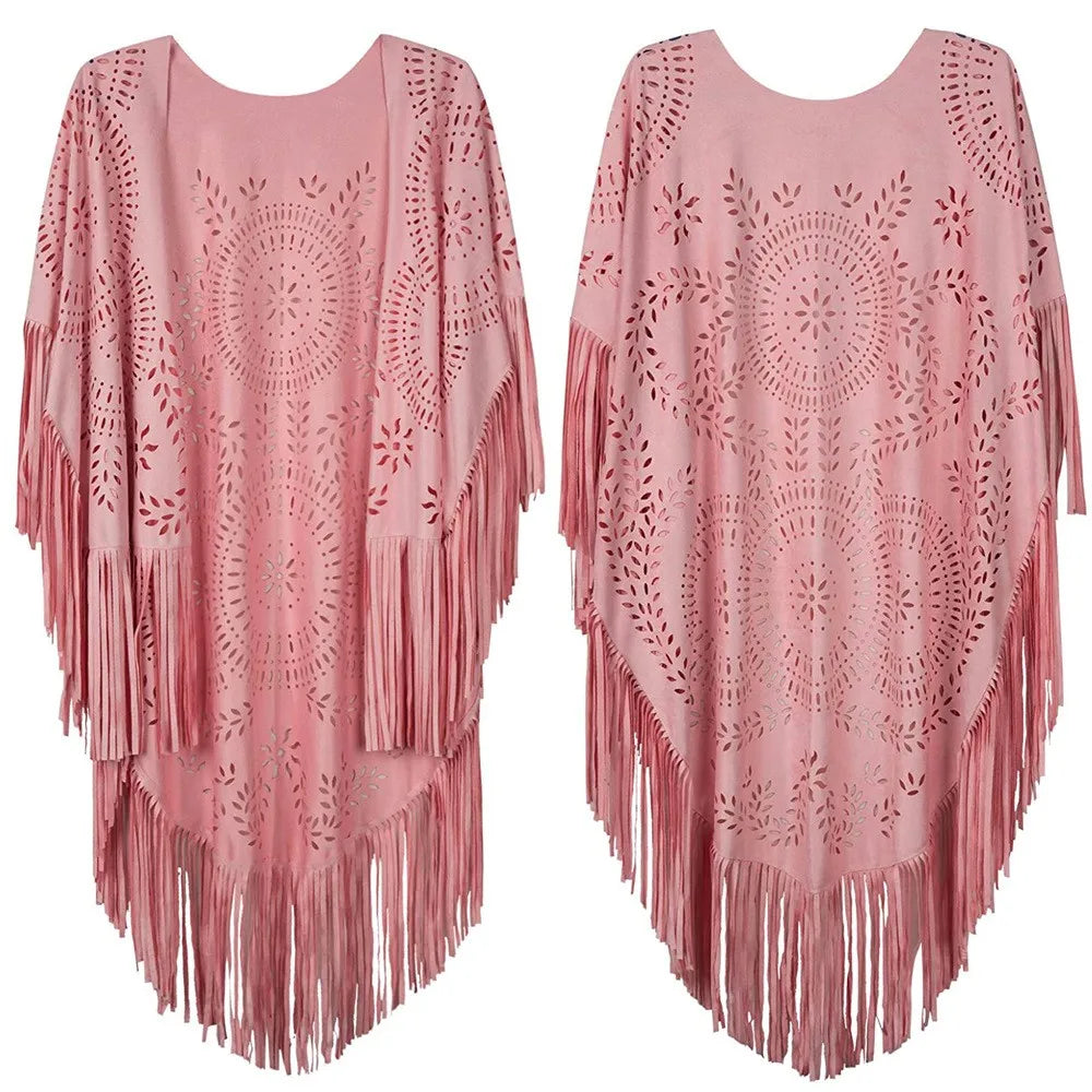 Suede Floral Hollow Out Fringe Tassel Shawl Women Vintage Capes Ponchos Bohemian Cardigan Coat Cloak Boho Capes Bikini Cover