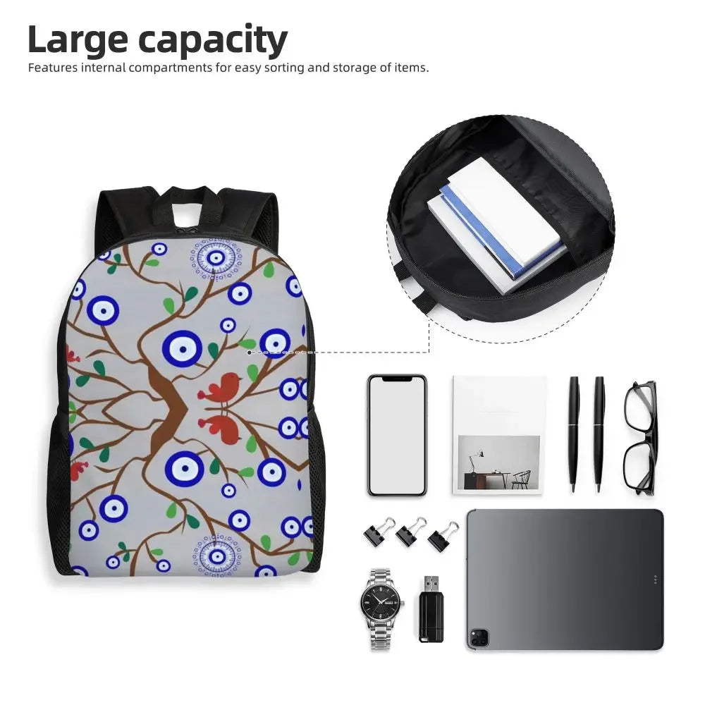 Custom Navy Blue White Mediterranean Evil Eye Mandala Pattern Backpacks Men Casual Bookbag for School College Bohemian Boho Bags