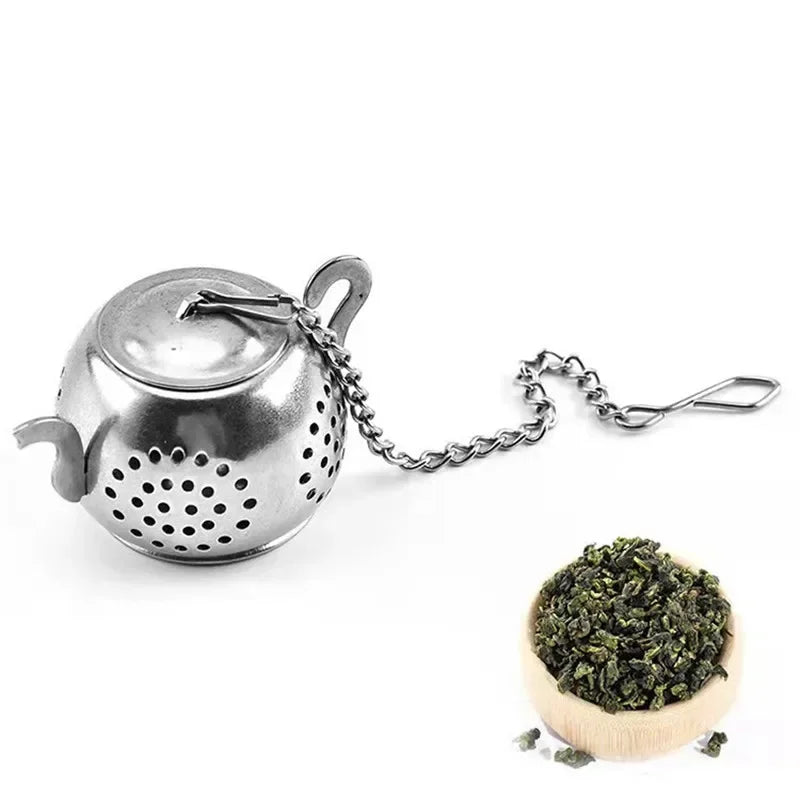 Metal Tea strainer Teapot Shape Loose Tea Infuser Stainless Steel Leaf Tea Maker Strainer Chain Drip Tray Herbal Spice Filter