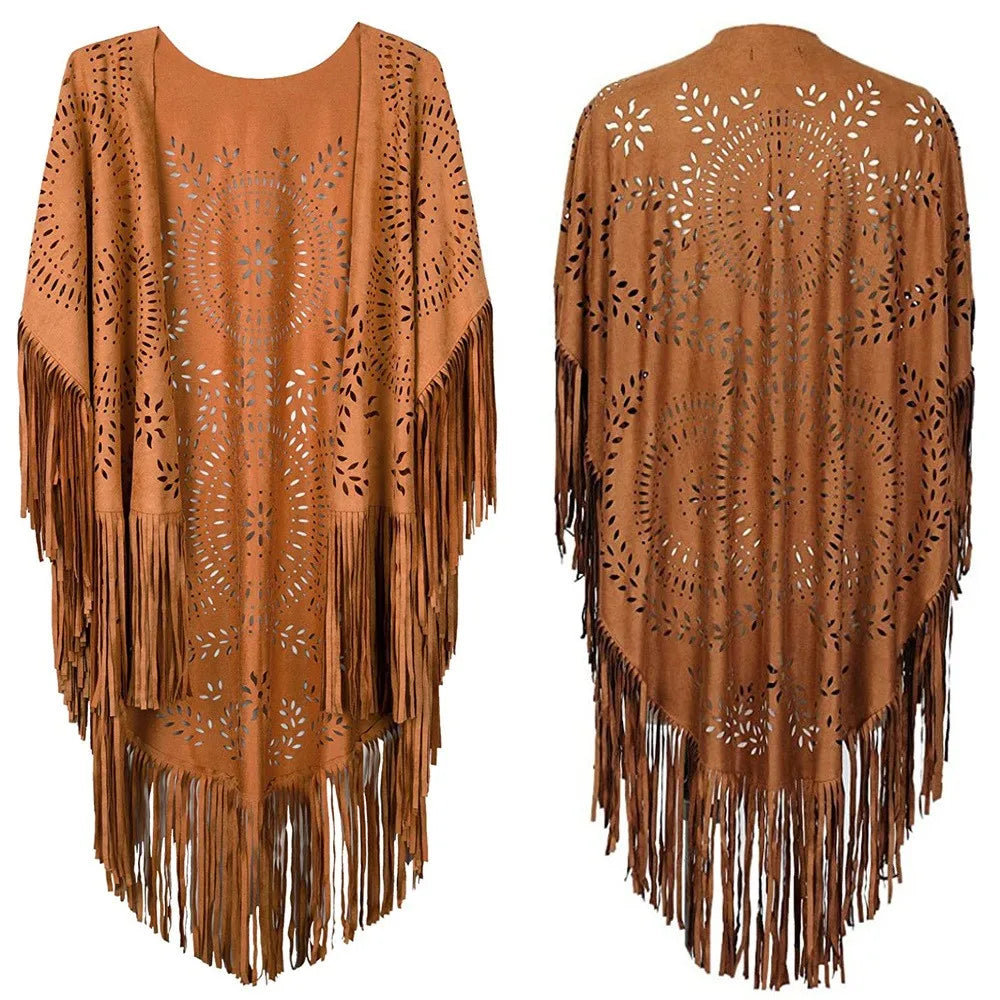 Suede Floral Hollow Out Fringe Tassel Shawl Women Vintage Capes Ponchos Bohemian Cardigan Coat Cloak Boho Capes Bikini Cover